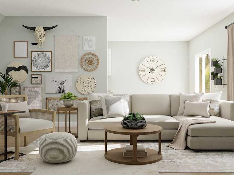 A tidy living room with a clean sofa, rug, and shelving